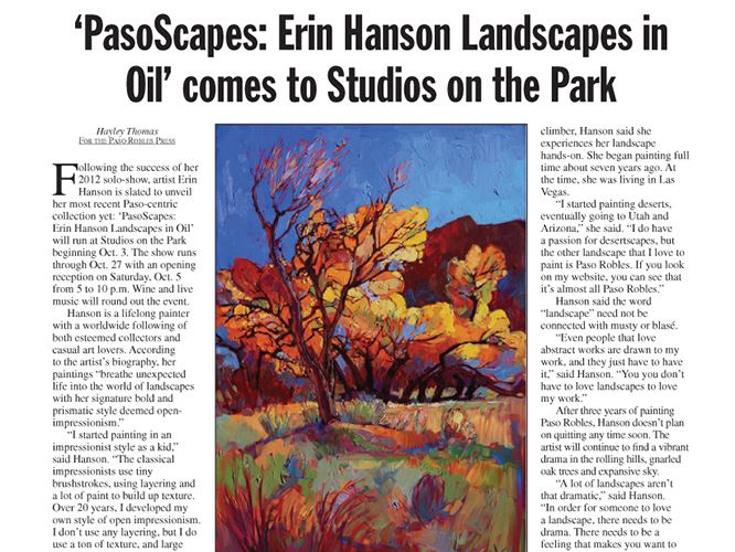 "PasoScapes: Erin Hanson Landscapes in Oil" comes to Studios on the Park
